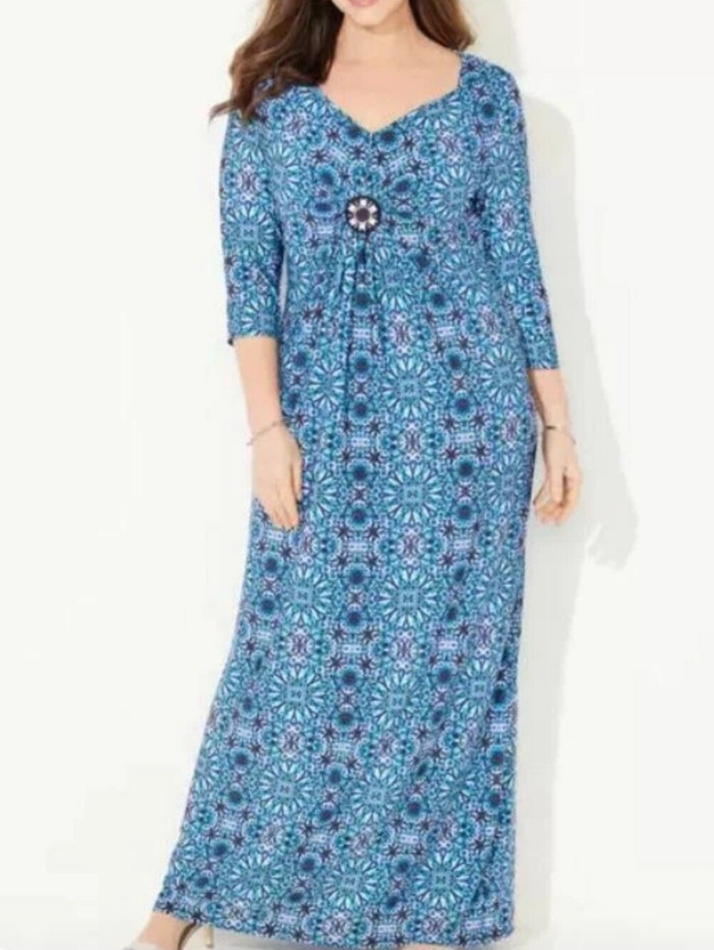 Catherines Blue Mosaic Print Medallion Maxi Dress Three Quarter Sleeves Plus 18